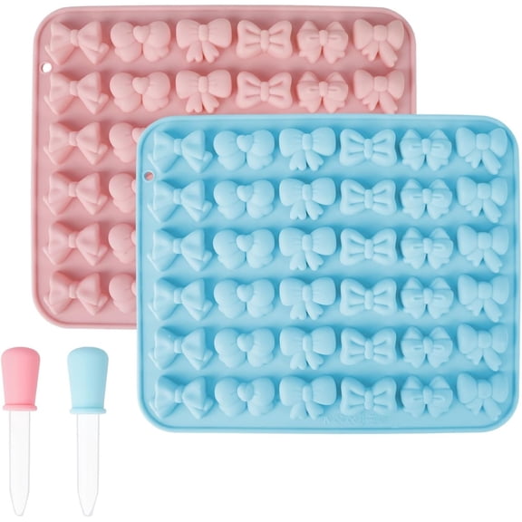 2Pcs Silicone Mini Bow Molds for Chocolate,6 Shapes Butterfly Tie Candy Fondant Molds with 2 Liquid Droppers for Candy Jelly Cookie Sugar Craft Pastry Cupcake Topper Cake,Decorating Edible Bows