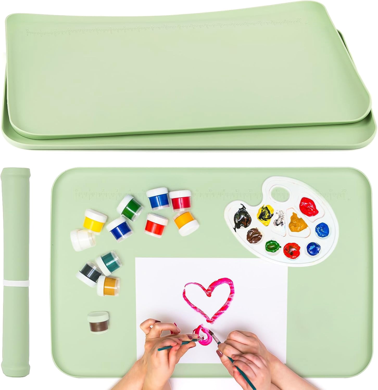 2Pcs Silicone Painting Mat with Raised Edge 24" x 16" Waterproof Non-Slip Silicone Craft Mat for Painting, Clay，Jewelry-Making，Green