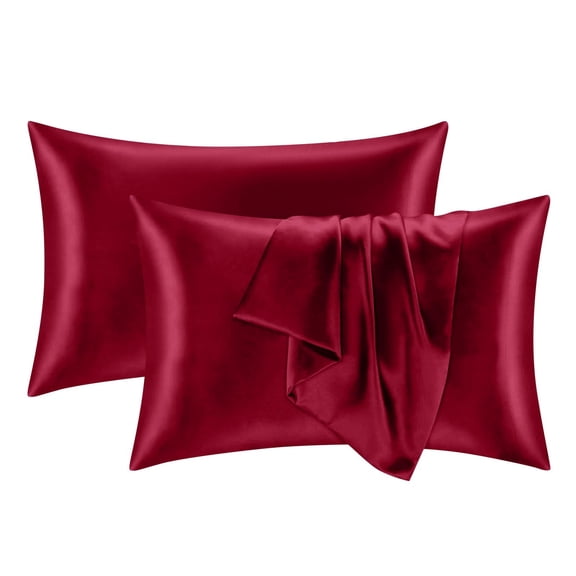 2Pcs Silk Pillowcase for Hair and Skin Luxury Breathable Smooth Satin Pillow Cover with Hidden Zipper for Beauty Sleep Bedroom Decoration, Wine 20x30 Inch