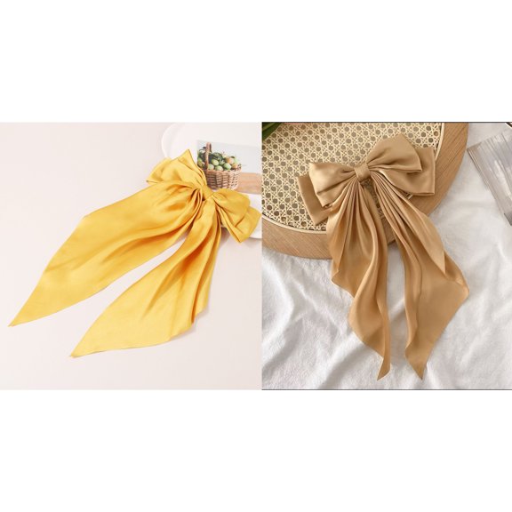 2Pcs Silky Satin Big Hair Bows - Oversized Long Tail, White & Black, with Metal Clips, Aesthetic Hair Accessories for Women
