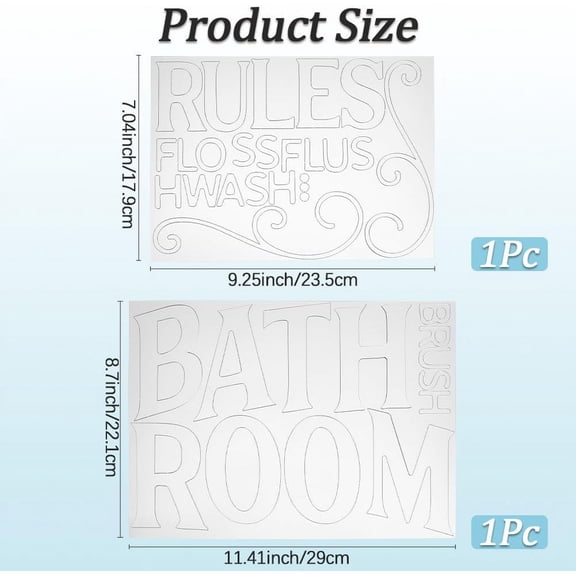 2Pcs Silver Bathroom Decals Bathroom Rules Wall Stickers Floss Flush Word Pattern Acrylic Mirror Signs Art Mural Detachable Set Stickers for DIY Home Shower Room Toilet Wall Decoration