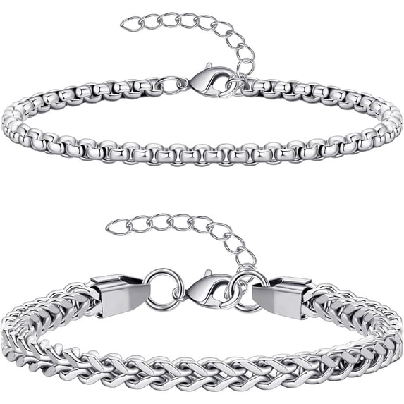 2Pcs Silver Cross Pearl Bracelets for Men, Sturdy Non Tarnish Stainless Steel, Adjustable Snake Box Figaro Rope Cuban Link Bracelet Set, Gifts for Men Dad