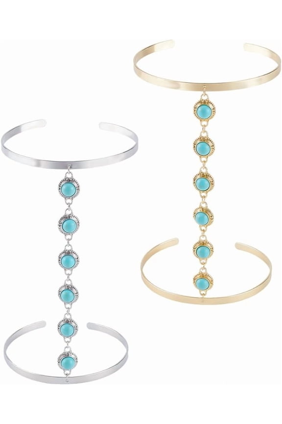 2Pcs Silver Cuff Bracelet Upper Arm Turquoise Layered Cuff Bangle Bracelets Boho Open Coil Summer Shining Adjustable Metal Arm Jewelry for Women Party Beaches Clubs Dress Decor Costume for diy making