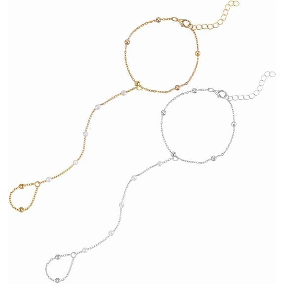 2Pcs Silver Gold Pearl Finger Ring Bracelet Summer Boho Dainty Alloy Adjustable Beaded Link Hand Chain Bracelets Trendy Jewelry Set Bulk for Women Costume Party Bridal Wedding Accessories diy