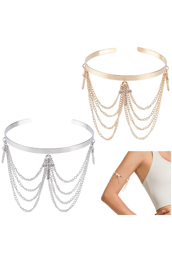 2Pcs Silver Gold Tassel Cuff Bracelet Upper Arm Rhinestone Layered Cuff Bangle Bracelets Glitter Shining Summer Metal Arm Jewelry Bulk for Women Party Dresses Costume Outfits Clubs DIY