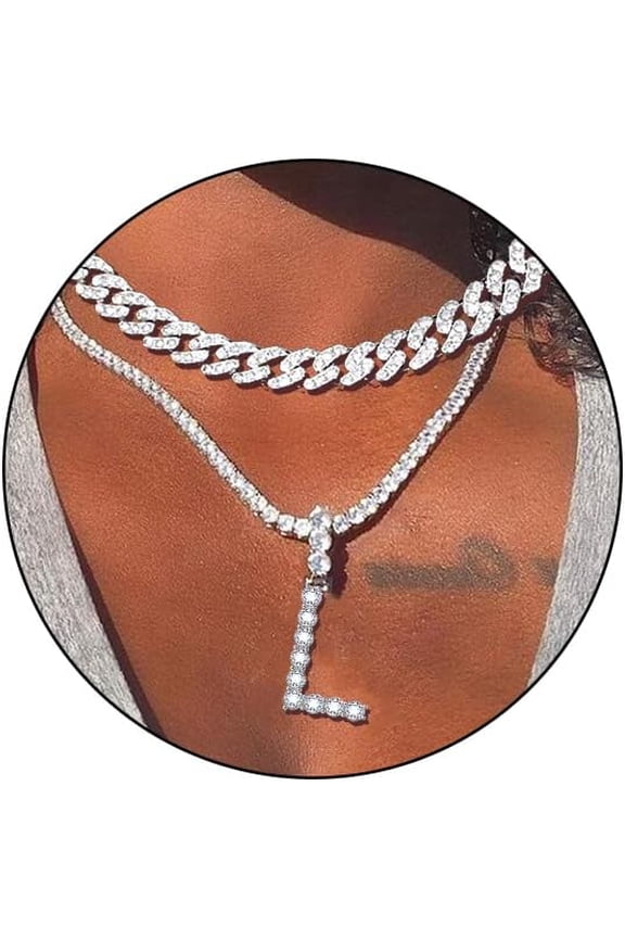 2Pcs Silver Initial Cuban Link Chain For Women Layered Diamond Tennis Necklace Iced Out Letter Pendant Choker Necklace Bling Cz Alphabet A-Z Hip Hop Jewelry[Z1537]