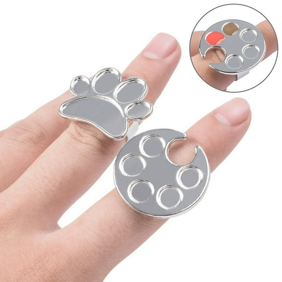 2Pcs Silver Mini Manicure Palette Wearable Nail Art Polish Holder Paint Palette Finger Rings Nail Art Tools, Nail Paint Art Palette Finger Rings Metal Manicure Palette Tools Makeup Palettes