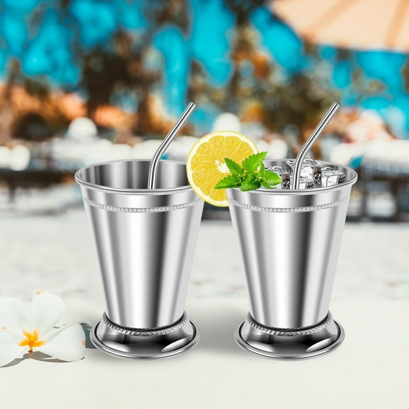 2Pcs Silver Mint Julep Cups with Bent Straws 12 oz Stainless Steel Drinking Cups Metal Cocktail Glasses for Beer Juice Beverage
