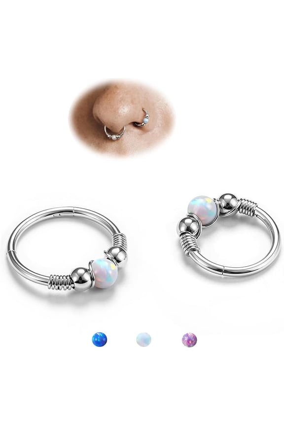 2Pcs Silver Opal Nose Rings for Women - 316L Surgical Steel Nose Hoops Piercing 18G Septum Rings Jewelry Cartilage Conch Daith Helix Tragus Earrings 8mm 10mm Sytle1