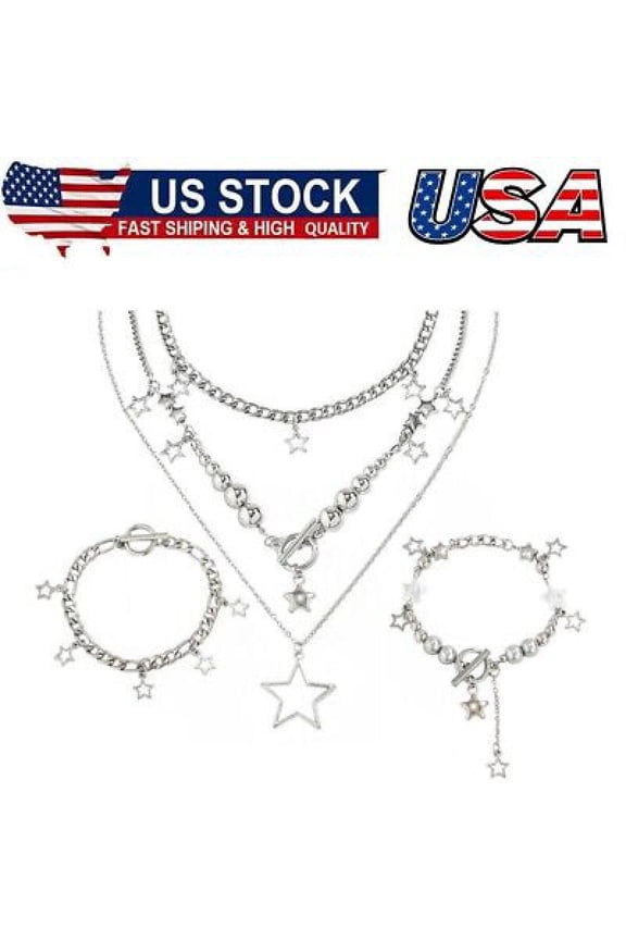 2Pcs Silver Star Necklace Y2K Jewelry Set Grunge Necklace Kawaii Cute Necklaces