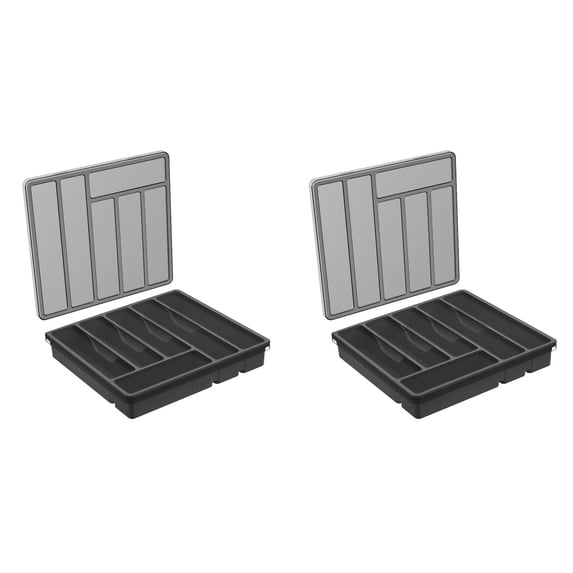 2Pcs Silverware Organizer with Lid, Covered Utensil Tray for Kitchen Drawer and Countertop, Plastic Cutlery and Flatware Storage Box for Spoons Forks Knives Holder Case, 6 Compartments