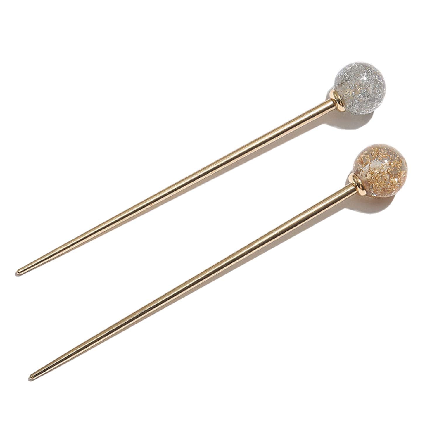 2Pcs Simple Elegant Round Ball Metal Hair Stick Fork Chignon Pin Lollipop Shape Decorative Hairpin Chopsticks Hair Jewelry for Women Lady Teen Fashion Hair Updo Making Accessories