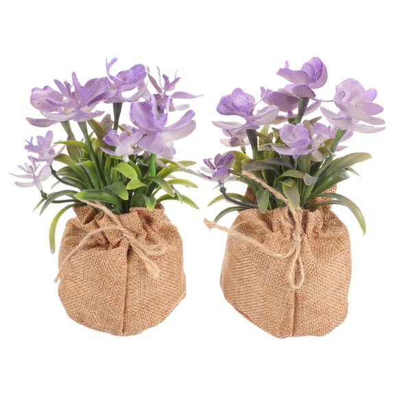 2Pcs Simulated Purple Orchid in Burlap Pot for Dining Table and Bookshelf Decor