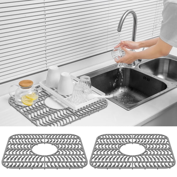2Pcs Sink Protector Mat Nonslip Kitchen Sink Mat Flexible Silicone Drain Pad Silicone Pad with Drain Hole Dishwasher Safe for Kitchen Tableware Dishes