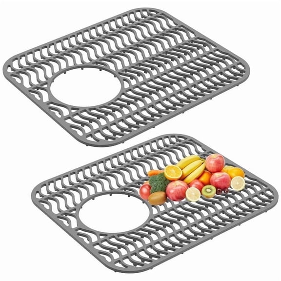 2PCS Silicone Sink Mat 12x14 Rear Drain Sink Protector Mat , Trimmable Farmhouse Kitchen Stainless Steel Sink Mats Protector with Raised Feet, Gray