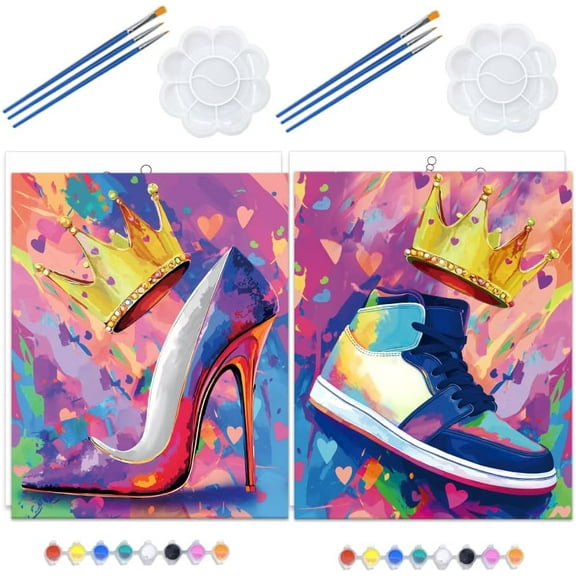 2Pcs Sip and Paint Kit for Adults 8X10 Pre Stretched Canvas Painting Kits Shoe Couples Painting Kit Date Night Pre Drawn Canvas to Paint Couple Paints Party Supply diy