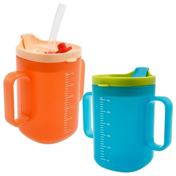 2Pcs Sippy Cup with Straw Portable Elderly Spill Proof Cup with Handle 300ML Feeding Mug Easy to Use Practical Non Spill Mug for Kids Seniors