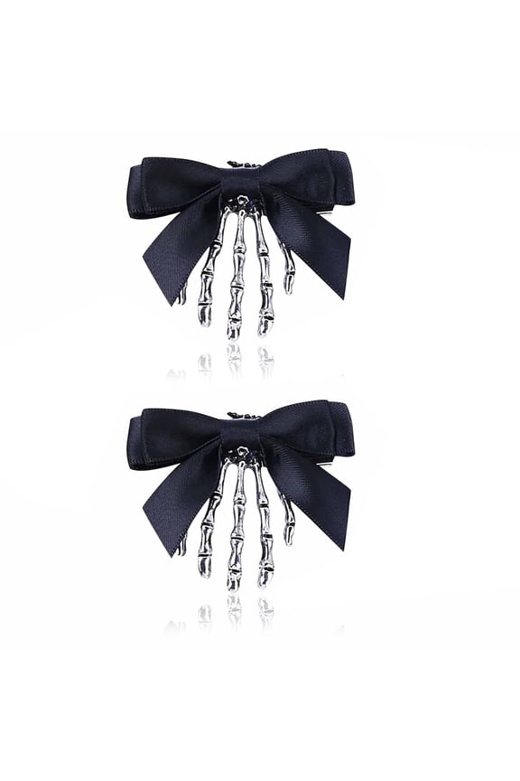 2Pcs Skeleton Hand Hair Clips with Bowknot - Cute Skull Claw Hairpins for Girls, Party Cosplay