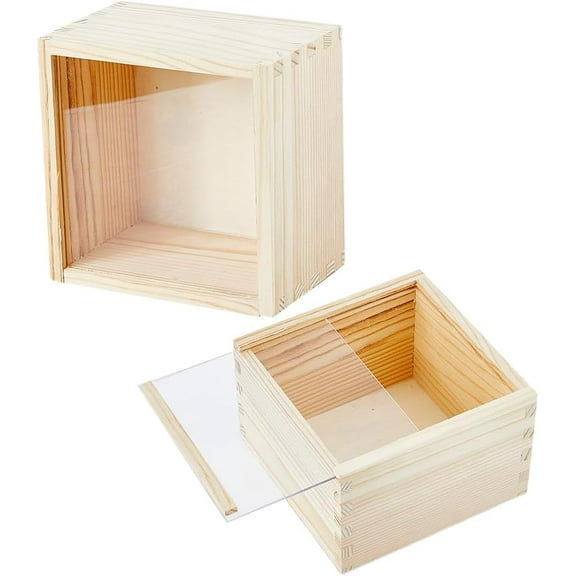 2Pcs Slide Square Wood Box Unfinished Wood Storage Box with Transparent Sliding Lid 11.9CM Visible Wood Gift Box for DIY Making