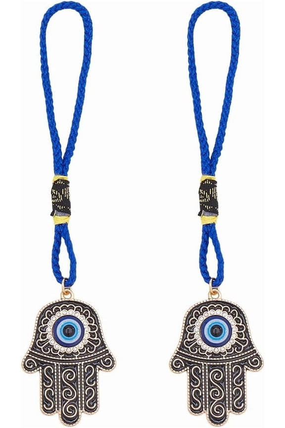 2Pcs Sliver Hamsa Hand Amulet Car Pendant Miriam Hanging Ornament with Rope Decoration Lucky Charms Protection Alloy Enamel Accessories Gift