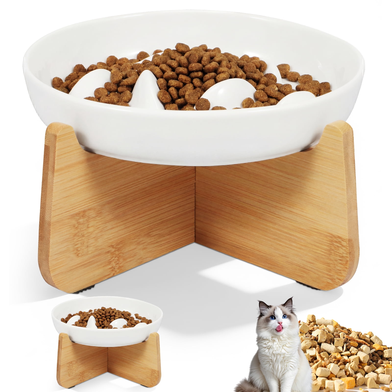 2Pcs Slow Feeder Cat Bowl with Wooden Stand Anti Vomiting and Non Slip Ceramic Raised Pet Food Bowl for Cat and Small Dog