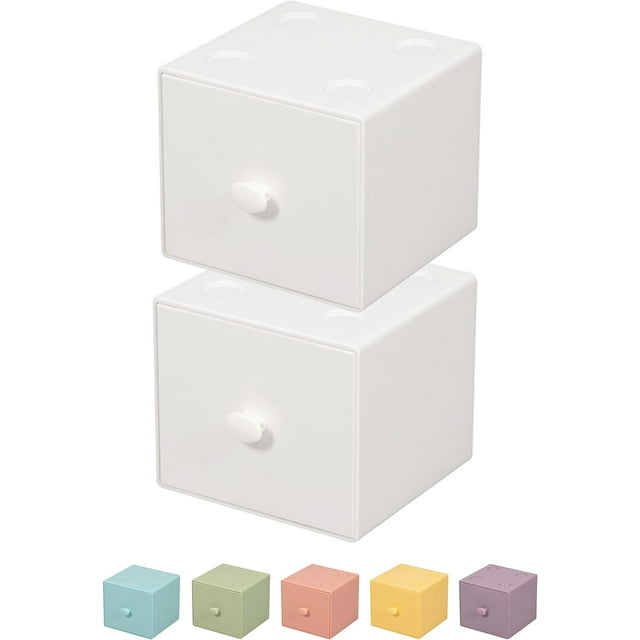 2Pcs Small Desk Organizers, Acrylic Drawers Stackable Makeup Organizer, Colorful Bathroom Corner Storage Box with Pull Out Handle Small Cosmetic Storage Bins for Vanity, Desktop, White