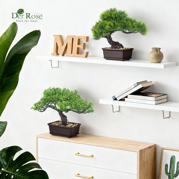 2Pcs Small Fake Plants Artificial Bonsai Tree Set Ficus and Cedar for Office Desk Shelf Room Home Zen Decor Indoor
