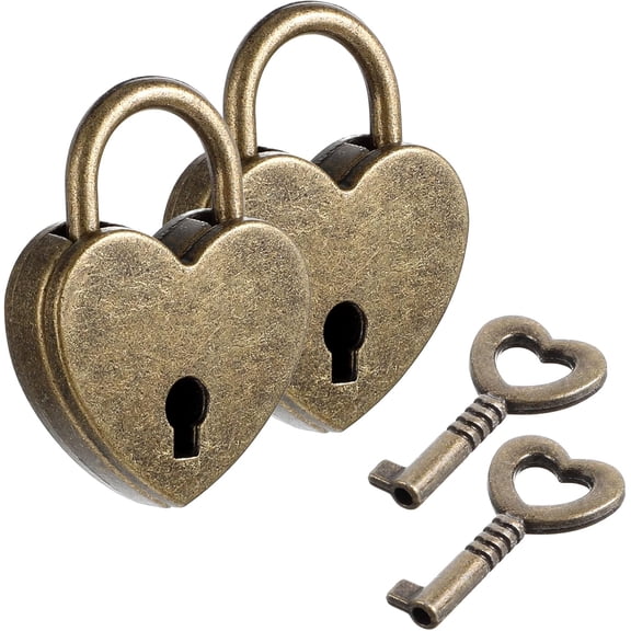 2Pcs Small Heart Locks with Key, Bronze Antique Padlocks for Jewelry Box, Diary, Locker Brone