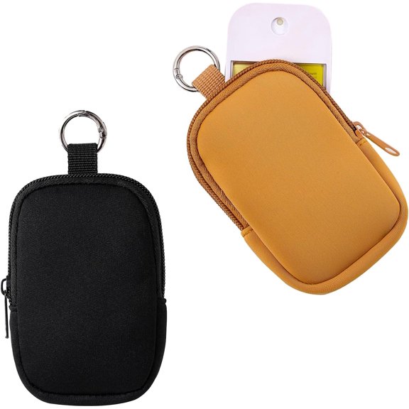2Pcs Small Soft Neoprene Pouch with Zipper, Mini Portable Makeup Bag,Fashion Accessory with Snap Hook,Coin Purse Lipstick Cosmetic Travel Organizer(Black and Caramel)