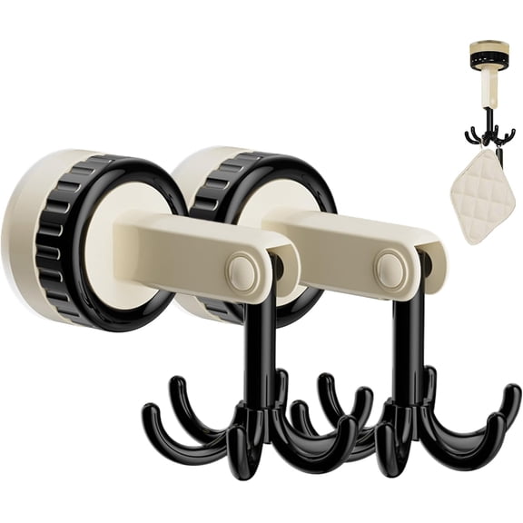 2Pcs Small Suction Cups with Hooks: 360° Rotating Folding Hook for Kitchen Utensils, Suction Cup Hooks with 6 Hooks, Kitchen Hooks for Hanging Utensil, Utensil Hanger (2, Black)
