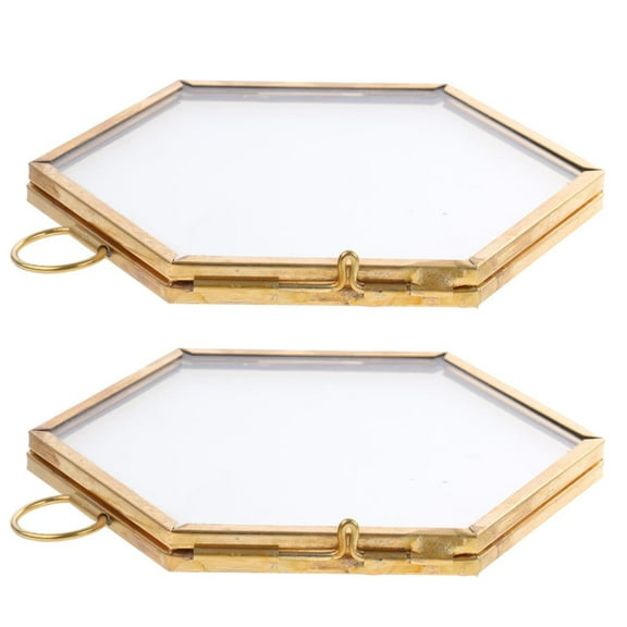 2Pcs Small Wall Hanging Brass Hexagon Glass Artwork Certificate Photo Picture Display Frame Geometric Ornament () Copper