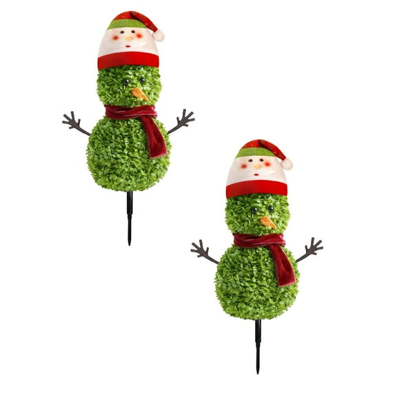 2Pcs Snowman Christmas Tree - Topiary Outdoor,21.65 Inch Topiary Trees Artificial Outdoor,Faux Boxwood Bush Plants,Fake Cedar Potted With Ground Spike