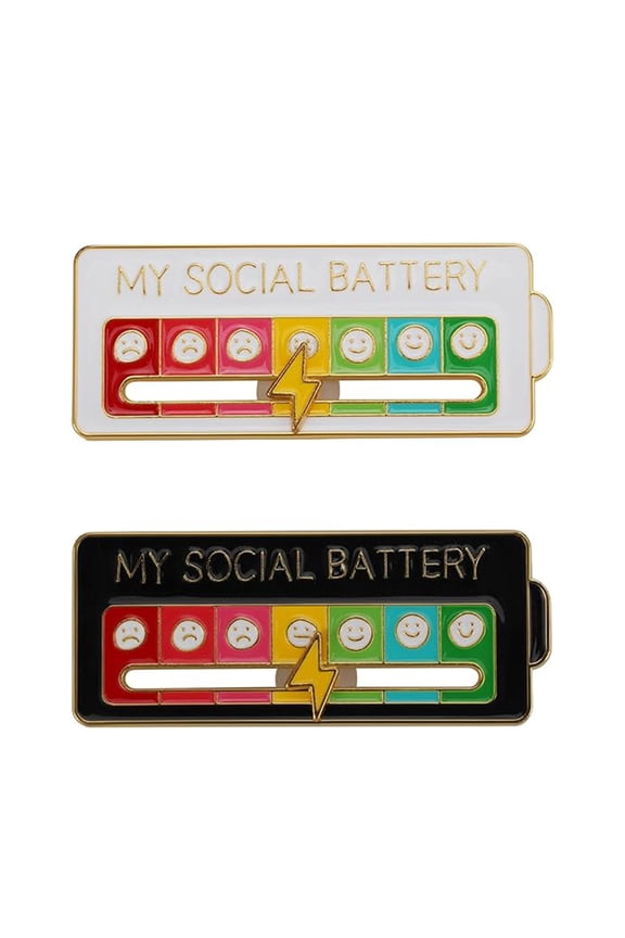 2Pcs Social Battery Slider Pin, Funny Social Battery Pin for 7 Days, My Social Battery Slider Pins for Work, Cute Expression Mood Pins for Introverts Interactive