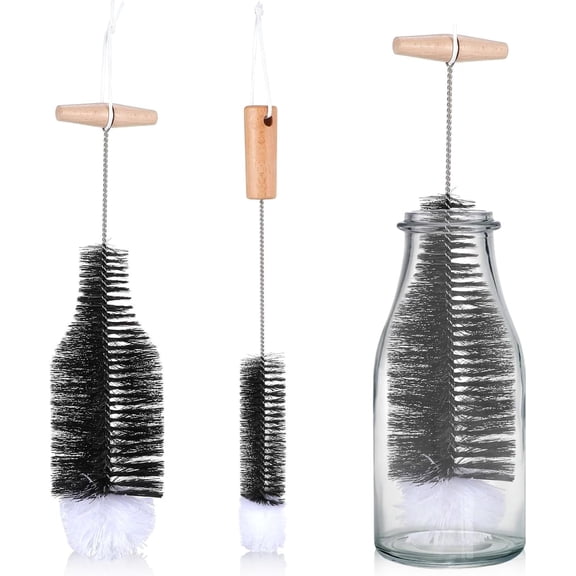 Carmujin 2-Piece Bottle Brush Set, Wooden Handle with Nylon & Cotton Bristles