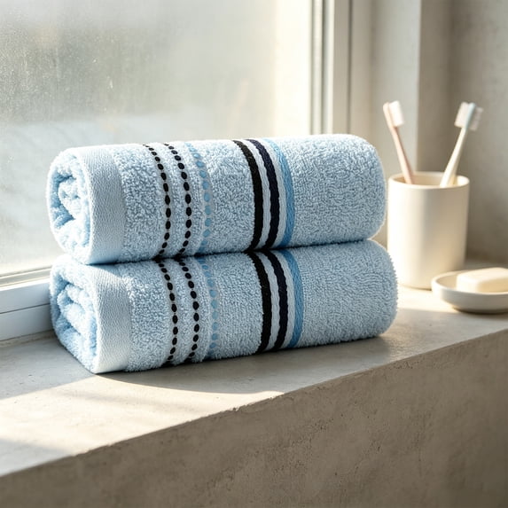 2Pcs Soft Absorbent Towel Set 丨 Light Blue Household Towels with Two‑Color Striped and Dot Patterned Edge, Breathable Quick Drying Bath Towels for Bathroom Daily Household Shower,28"x13"
