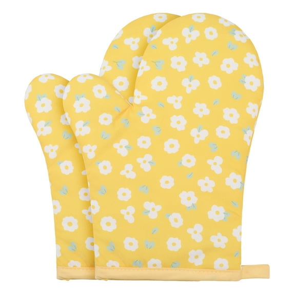 2Pcs Soft Cotton Oven Mitts, Heat-Resistant Cooking Gloves, Gripping for Baking, Grilling, Kitchen Mitts Set Yellow 10.2x5.5inch