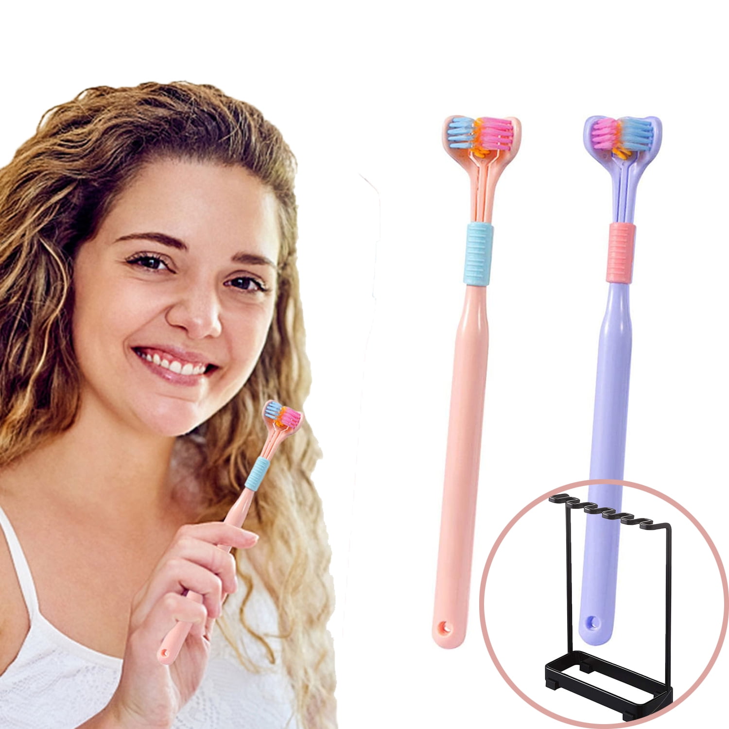 2Pcs Soft Toothbrushes, Three-Sided V-Shaped Toothbrush with 1Pc Black ...