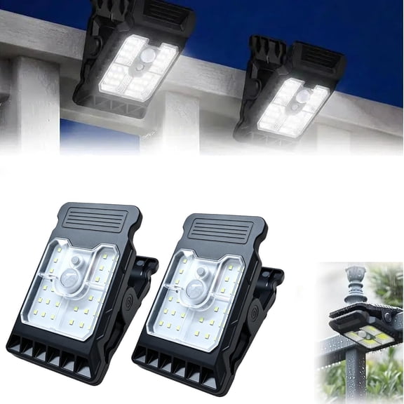 2Pcs Solar Clip Light with Motion Sensor, Portable Outdoor Waterproof LED Clip Lamp for Fence Wall Garage Patio Umbrella