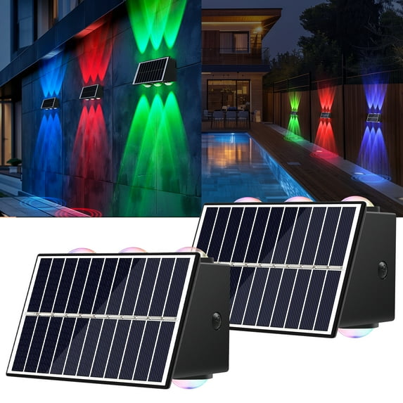 2Pcs Solar Fence Lights, Outdoor Waterproof RGB Color Glow LED, Solar Wall Lights Up and Down Lighting for Pool, Rail, Porch, Backyard, Deck Railing, Garden