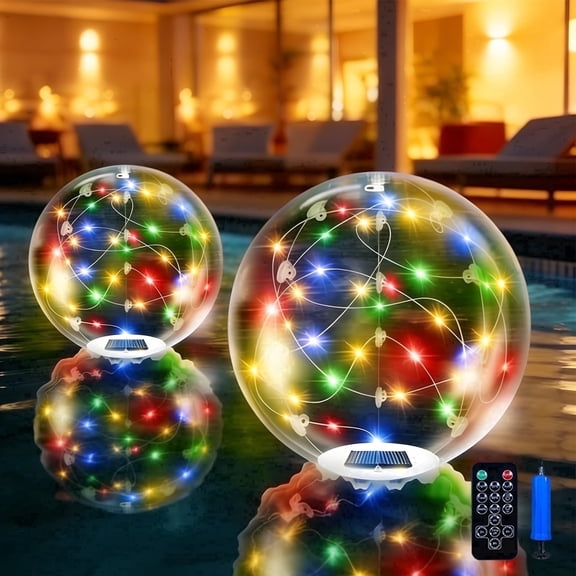 2Pcs Solar Floating Pool Lights, RGB Inflatable Solar Floating Pool Balls Light with Remote, IP68 Waterproof Outdoor LED Pool Lights for Pond, Pool, Outdoor, Garden, Party, Wedding Decoration
