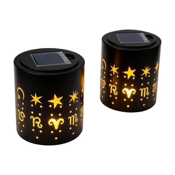 2Pcs Solar Metal Lantern, Starry Silhouette Light, Solar Powered Landscape Cylinder Projection Light Waterproof Outdoor Garden Tabletop Patio Hanging Decorative Lantern Astral Shadow Lamp, Black