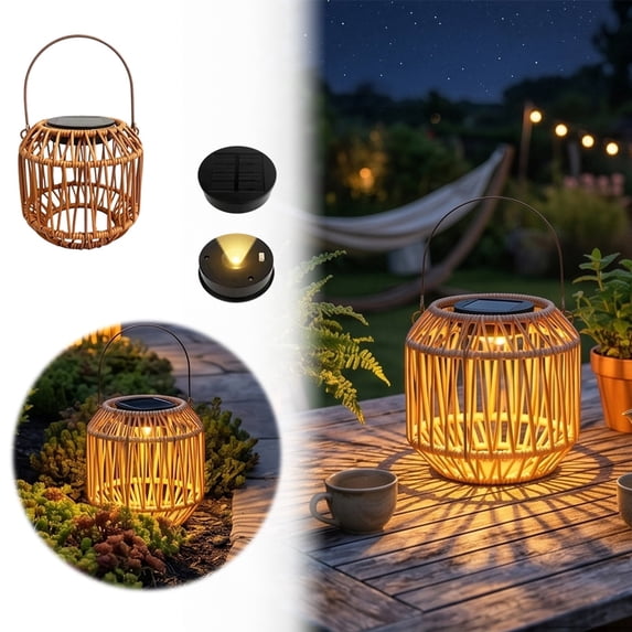 2Pcs Solar Outdoor Rattan Lantern Hanging Light, Decorative Patio Garden Backyard Lamp with Woven Wicker Design, Weatherproof Hanging Lighting for Camping & Outdoor Night Ambiance, 5.9"x10"