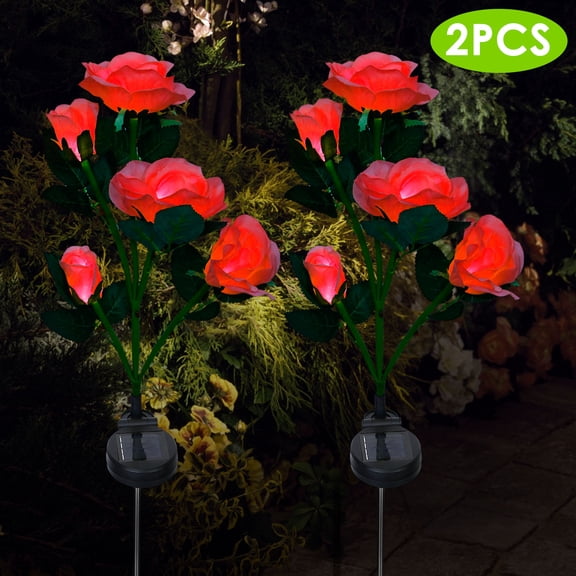 2Pcs Solar Powered Rose Flower Light LED Decorative Lamp Solar Rose Light, Red