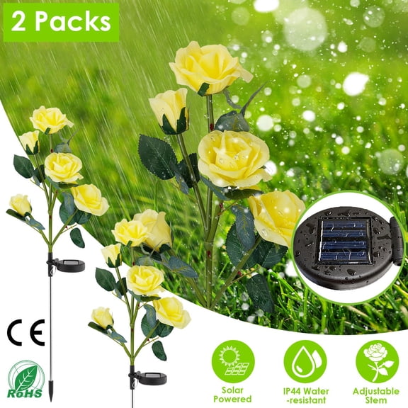 2Pcs Solar Powered Rose Flower Light LED Decorative Lamp Solar Rose Light, Yellow