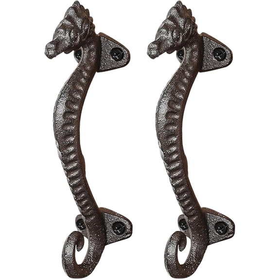 2Pcs Solid Seahorse Cast Iron Door Handles, Heavy Duty Rustic Barn & Cabinet Handles for Farmhouse Drawer, Garage, Gate, Shed & Sliding Doors  Vintage Decorative Pulls