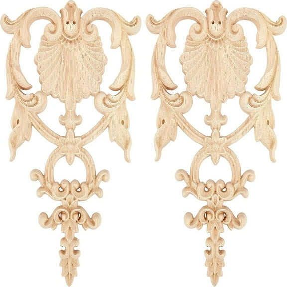 2Pcs Solid Wood Carved Onlay Applique Craft Unpainted Onlay Furniture Home Decoration BurlyWood 190x118x9mm