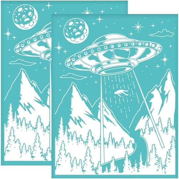 2Pcs Spaceship Silkscreen Printing Stencils 8.6x11 Inch Self-Adhesive Silk Screen Printing Stencil UFO Alien Stencil Mountain Forest Reusable Mesh Transfers for DIY T-Shirt Fabric Painting for DIY