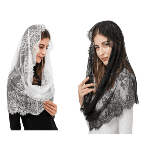 2Pcs Spanish Style Lace Traditional Vintage Inspired Infinity Shape Mantilla Veil Latin Mass Head Covering