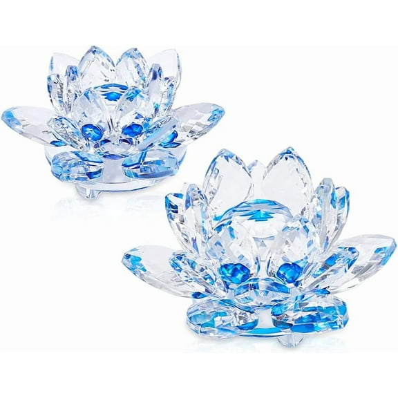2Pcs Sparkle Crystal Lotus Flower Figurines 2 Sizes Blue Lotus Flower Decor Decorative Lotus Flower Ornament Lotus Tabletop Centerpieces for Feng Shui Home Decor Party Photography Props