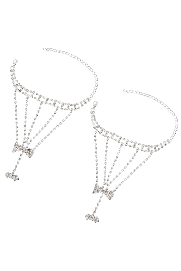 2Pcs Sparkly Fingerless Rhinestone Gloves Chain-Bows Adjustable Hand Chain Jewelry Bride Wedding Glove Silver Bracelet Ring Integrated Chain